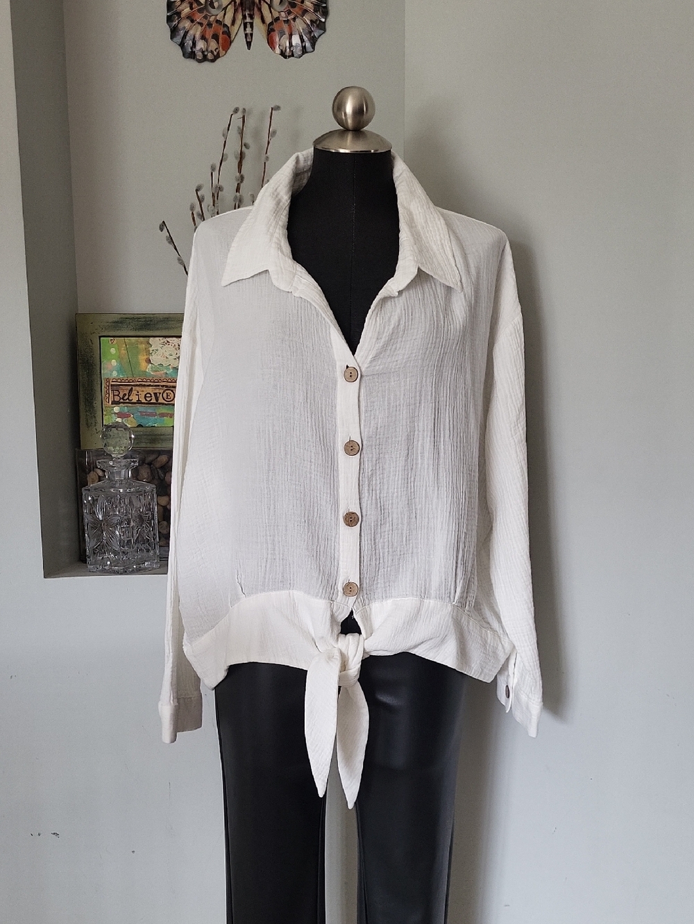 Given Kale White Guaze Button-Front Tie-Hem Shirt XL Women's